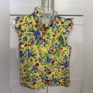Joy Joy Sz medium ruffle sleeves yellow floral button down top